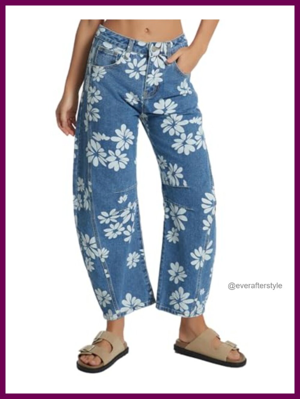 Floral Printed Barrel Jeans Wide Leg Mid Rise Ankle Denim Pants